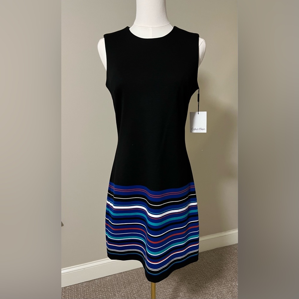 NWT Calvin Klein Striped Multi Color Black Mini Pencil Dress